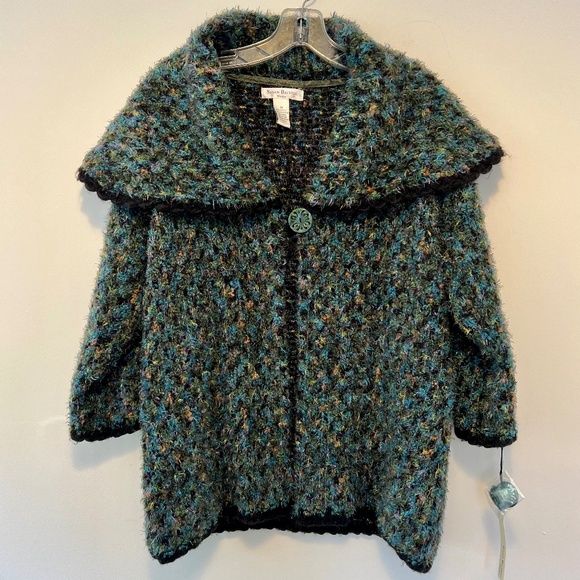 NWT Susan Bristol Wearable art Cozy Shawl Collar Deco Button Multicolor Size 1X - Picture 1 of 10